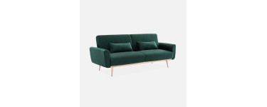 Sweeek: Canap&eacute; convertible 3 places en velours vert anglais, couchage 180x103 cm &agrave; 265,99&euro;