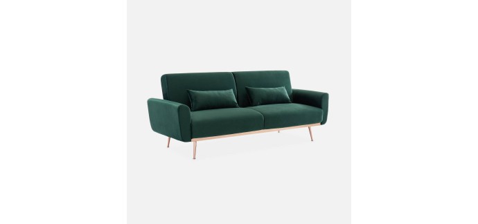 Sweeek: Canap&eacute; convertible 3 places en velours vert anglais, couchage 180x103 cm &agrave; 265,99&euro;