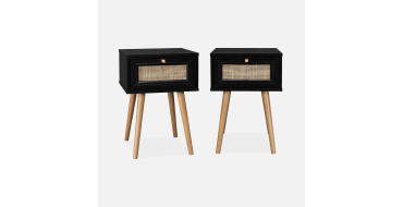 Sweeek: Lot de 2 tables de chevet bois noir cannage, 1 tiroir, L39xH55,4cm &agrave; 76,99&euro; (au lieu de 109,99&euro;)