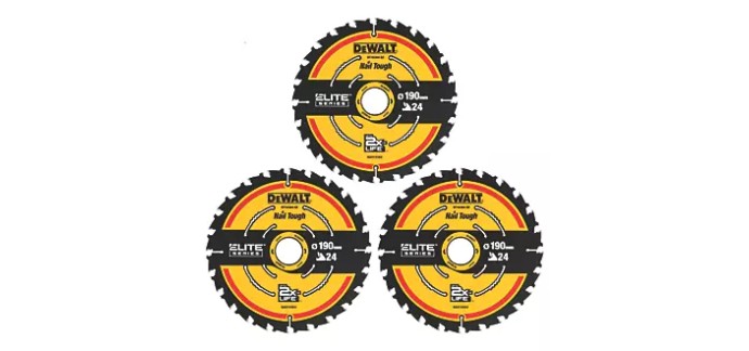 Screwfix: Lot de 3 lames de scie circulaire DeWalt 190x30mm 24 dents à 42,49€ (au lieu de 49,99€)