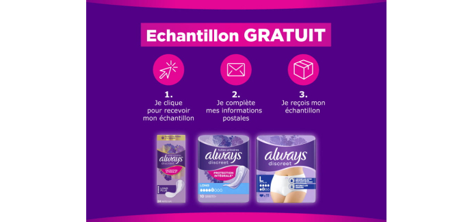 Envie de Plus: &Eacute;chantillons gratuits Always Discreet protections pour fuites urinaires