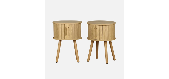 Sweeek: Lot de 2 tables de chevet ovales, portes coulissantes, teinte naturelle &agrave; 76,99&euro;