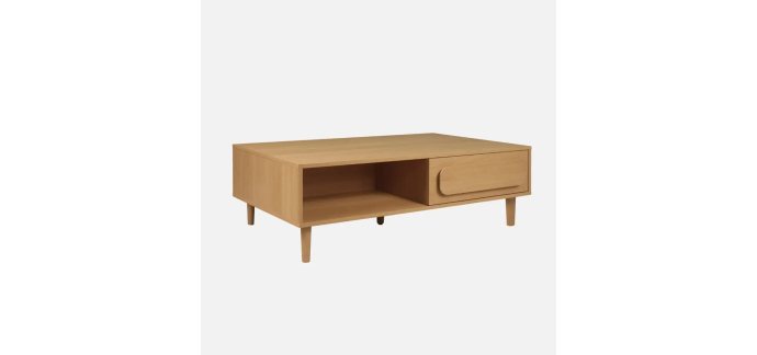 Sweeek: Table basse vintage d&eacute;cor bois de ch&ecirc;ne 1 tiroir 2 niches 120cm &agrave; 95,99&euro; (au lieu de 119,99&euro;)