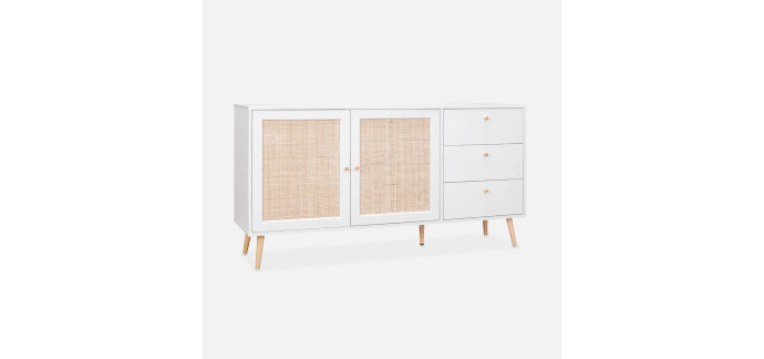 Sweeek: Buffet de rangement blanc cannage 150x39x79cm &agrave; 161,99&euro; (au lieu de 269,99&euro;)