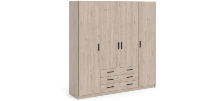Cdiscount: Armoire VEGA - Ch&ecirc;ne Jackson - 4 portes + 3 tiroirs - L195,5 x P49,6 x H200,4 cm &agrave; 349,99&euro;