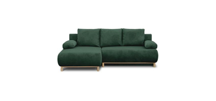 Cdiscount: Canap&eacute; d'angle gauche convertible 3 places MIKA - velours c&ocirc;tel&eacute; vert fonc&eacute;, coffre rangement &agrave; 679,