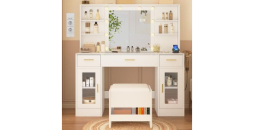 Cdiscount: Coiffeuse avec miroir et tabouret - 10 ampoules, 3 couleurs, 3 tiroirs &agrave; 109,99&euro;