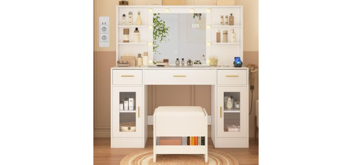 Cdiscount: Coiffeuse avec miroir et tabouret - 10 ampoules, 3 couleurs, 3 tiroirs &agrave; 109,99&euro;