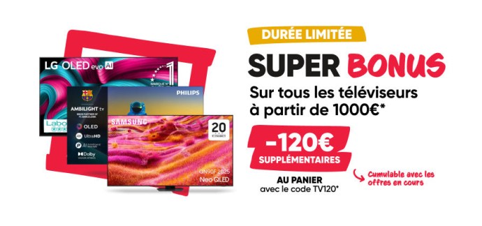 Fnac: 120€ de réduction supplémentaire sur toutes les TV des 1000€ cumulable avec les offres en cours