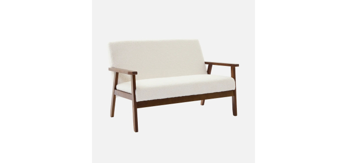 Sweeek: Canapé 2 places tissu bouclette, hévéa noyer clair à 119,99€ (au lieu de 149,99€)
