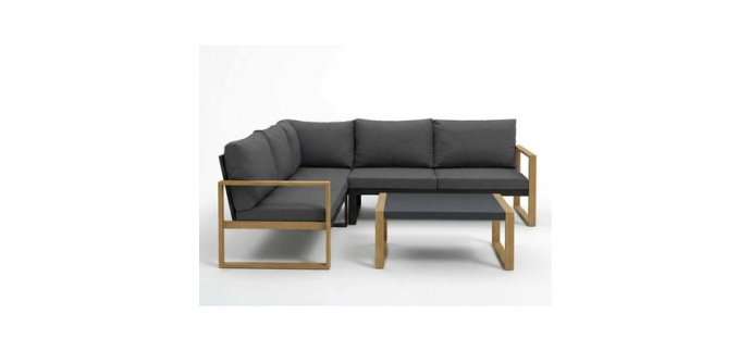 Cdiscount: Salon de jardin d'angle PUERTOCOR - Aluminium effet bois, 5 pers + table basse à 579,99€