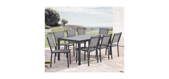 Cdiscount: Ensemble repas jardin table 180cm + 8 chaises aluminium verre trempé à 299,99€ (au lieu de 449,99€)