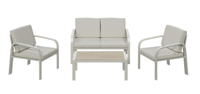 Carrefour: Salon de Jardin Bas Hyba Palma en Aluminium - 2 fauteuils, 1 canapé, 1 table basse à 195,49€