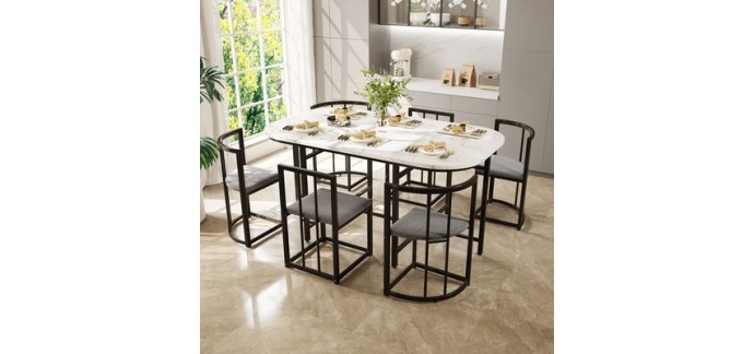 Cdiscount: Ensemble table à manger blanche 140x80cm + 6 chaises grises à 237,99€ (au lieu de 249,99€)