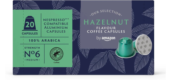 Amazon: Capsules caf&eacute; by Amazon - Saveur noisette, compatible Nespresso, 20 caps &agrave; 3,87&euro; (au lieu de 4,86&euro;)
