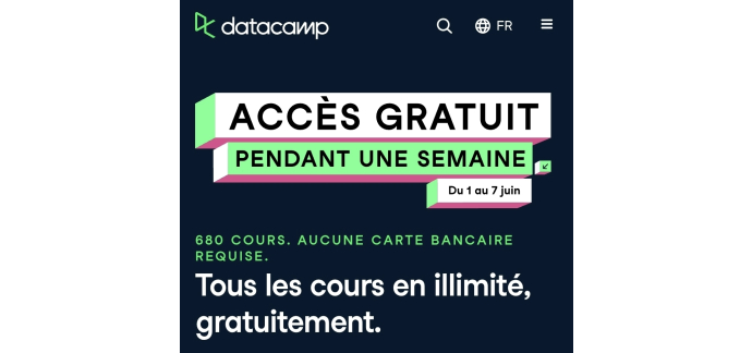 DataCamp: DataCamp - Accès gratuit à la plateforme d'apprentissage (1-7 juin 2026)