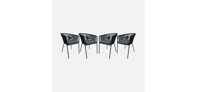 Sweeek: 4 fauteuils de jardin corde noire coussins gris à 215,99€ (au lieu de 239,99€)