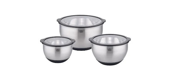 LIDL: GSW Set de 3 bols inox avec couvercle hermétique - 1,6/2,8/4,8L à 21.99€ (au lieu de 74.99€)