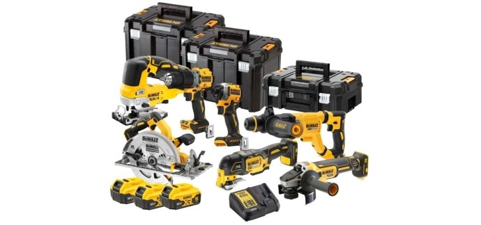 Maxoutil: Pack 7 outils Dewalt XR 18V Brushless + 3 batteries 5Ah à 1070,64€ (au lieu de 1279,99€)