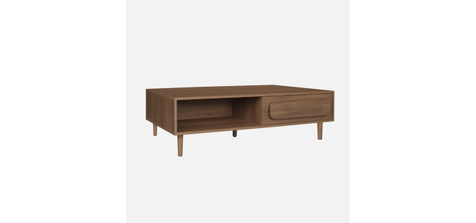Sweeek: Table basse vintage décor bois de noyer 1 tiroir 2 niches 120cm à 95,99€ (au lieu de 119,99€)