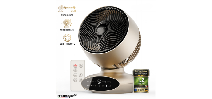 JoyBuy: Ventilateur de table Monsga AC200 - oscillation 360°/90°, 30dB, minuterie 8h à 79,9€