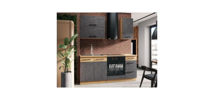 Cdiscount: Cuisine complète ROCK L180 cm - 5 éléments + meuble four - Mélaminé chêne lancelot/gris matera à 299