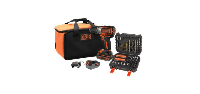 Cdiscount: Perceuse à percussion BLACK+DECKER sans fil 18V + 2 batteries 2,5Ah et 4Ah + 50 accessoires + sac à