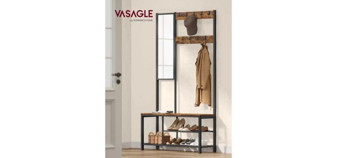 Cdiscount: VASAGLE Meuble d'entrée vestiaire avec crochets, miroir, banc et étagères 36x98x185 cm à 59,99€
