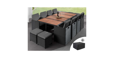 Cdiscount: Salon de jardin encastrable 12 places Cuba - résine tressée noir, coussins gris + housse à 749€