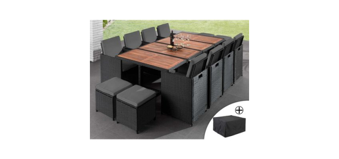 Cdiscount: Salon de jardin encastrable 12 places Cuba - résine tressée noir, coussins gris + housse à 749€