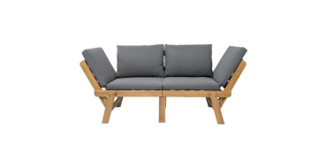 Cdiscount: Banquette de jardin convertible en bois d'acacia FSC KAYDA - 2 places, coussins gris foncé à 149,99€