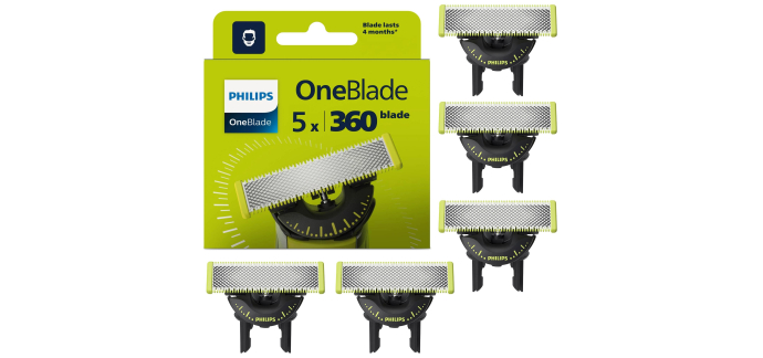 Amazon: Lot de 5 lames Philips OneBlade Original 360 (QP450/50) à 34,99€ (au lieu de 57,99€)