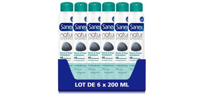 Amazon: 6 Déodorants Sanex spray Natur Protect Pierre d’Alun Extra Efficacy 48 - sans alcool, 6 x 200ml à 10