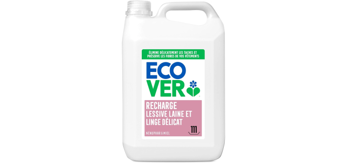 Amazon: Bidon de 5L de Lessive Liquide Ecover - Laine & Linge Délicat, Parfum Nénuphar & Melon Vert à 13,94€