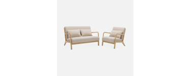 Sweeek: Banquette 2 places + Fauteuil bois, tissu beige à 314,99€ (au lieu de 449,99€)