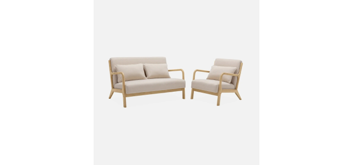 Sweeek: Banquette 2 places + Fauteuil bois, tissu beige à 314,99€ (au lieu de 449,99€)
