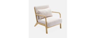 Sweeek: Fauteuil à bouclettes crème en bois et tissu - Scandinave, hévéa à 137,99€ (au lieu de 229,99€)