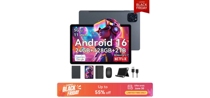 JoyBuy: TABWEE T90 Tablette 11" Android 16, 24 Go RAM, 128 Go ROM, 5G, stylet/clavier à 99,99€