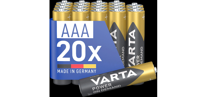 Amazon: Lot de 20 piles AAA Varta Power on Demand - Alcalines 1,5V à 6,16€ (au lieu de 10,99€)