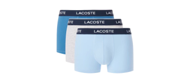 Lacoste: Lot de 3 boxers courts coton stretch - coupe stretch, ceinture siglée à 27€ (au lieu de 45€)