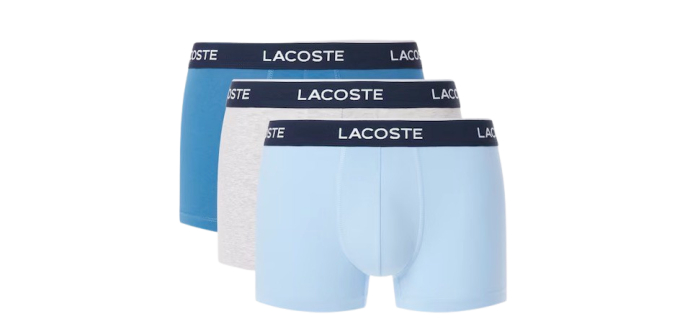 Lacoste: Lot de 3 boxers courts coton stretch - coupe stretch, ceinture siglée à 27€ (au lieu de 45€)