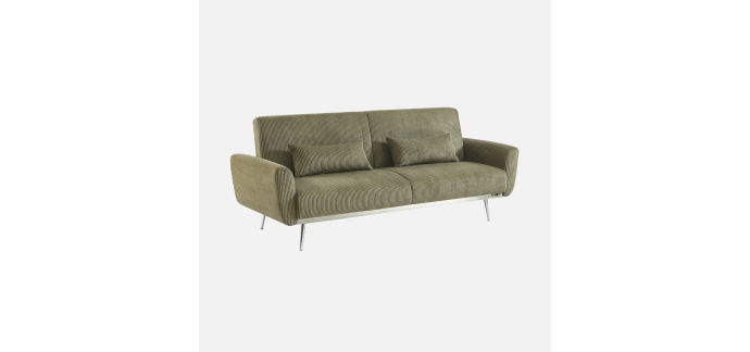 Sweeek: Canapé convertible 3 places velours côtelé kaki pieds chromé à 349,99€ (au lieu de 499,99€)