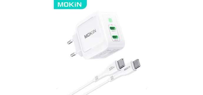 JoyBuy: Mokin PD67W GaN Chargeur double USB-C (UE) avec câble 1,2 m - Blanc à 16,99€ (au lieu de 22,05€)
