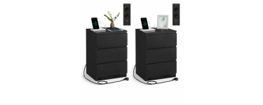 Amazon: Lot de 2 Tables de Chevet avec Multiprise Vasagle Kailyn - 3 Tiroirs, 2 Prises, 2 USB à 69,99€