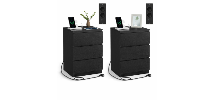 Amazon: Lot de 2 Tables de Chevet avec Multiprise Vasagle Kailyn - 3 Tiroirs, 2 Prises, 2 USB à 69,99€