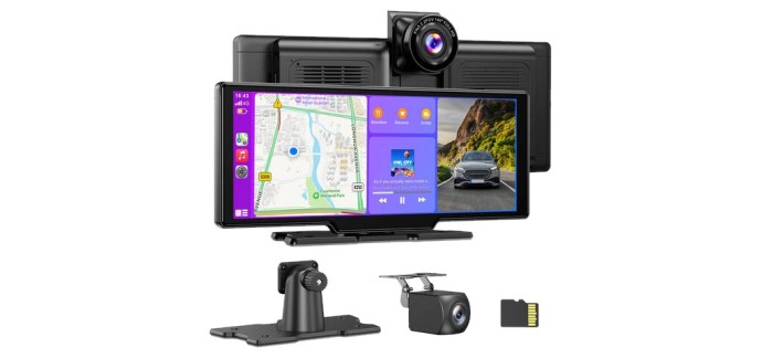 JoyBuy: ESSGOO Écran portable HD 10,26" CarPlay sans fil + caméra 4K avant/AHD 1080P recul + carte 64 Go à 5