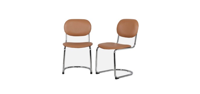 Sweeek: Chaise cantilever arrondie métal, similicuir marron et pieds chromés (lot de 2) à 74,99€