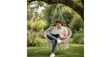 JoyBuy: Terrabeta Chaise hamac suspendue avec base et dossier en corde tressée - Beige à 19,99€