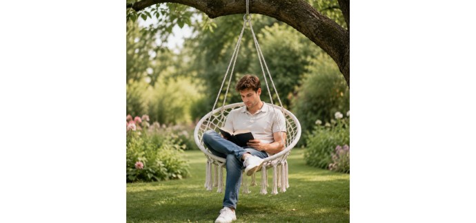 JoyBuy: Terrabeta Chaise hamac suspendue avec base et dossier en corde tressée - Beige à 19,99€