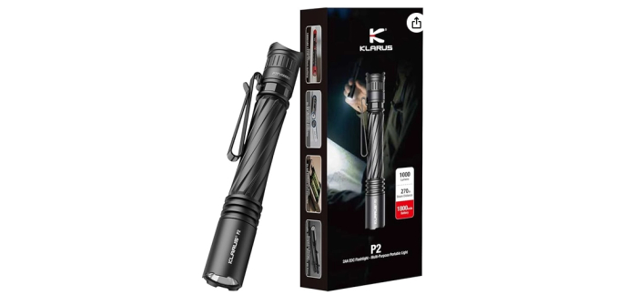 Amazon: Lampe de poche Klarus P2 - 1 000 lumens, portée 270 m, USB-C rechargeable à 23,95€